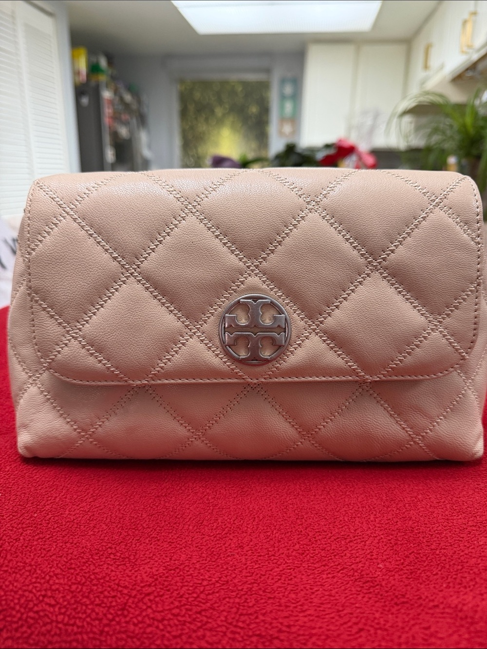 Tory Burch Quilted Leather Crossbody in Blush Pink with Silver Logo